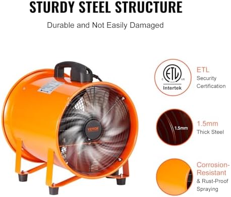 Bild 2 - VEVOR Bauventilator 195-W-AC-Motor Baugebläse 2900 U/min Baulüfter Gebläse 504 L/s (1070 CFM) Axiallüfter mit 5 m Schlauch Axialgebläse 79 dB Geräuschpegel Industrielüfter
