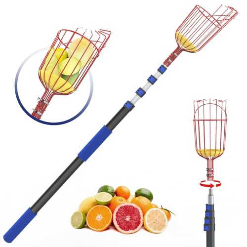 SKGPOLE 26FT Reach Fruit Picker, 5-20 Foot Sturdy Aluminum Telescoping Fruit Picker Extension Pole with Metal Twist-on Basket, Suit for Apple Pear Lemon Mango Guava Orange Avocados Tree Fruit Picking