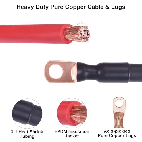 Image of iGreely 2 Gauge Battery Cable,Flexible Battery Copper Cables with 5 /16'' Lug Heavy Duty 2 AWG Welding Cable for Solar Automotive RV Marine Inverter Motor,DIY for Replacement & Accessories 1ft /30cm