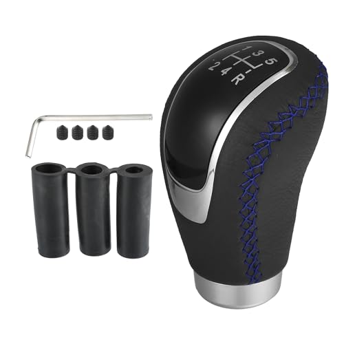 Uxcell 1Set 5 Speed Car Gear Shift Knob Black Faux Leather with Blue Thread