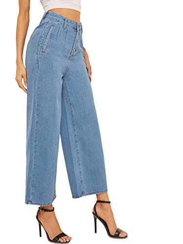 SweatyRocks Women's Casual High Waist Button Fly Jeans Wide Leg Baggy Cropped Denim Pants3