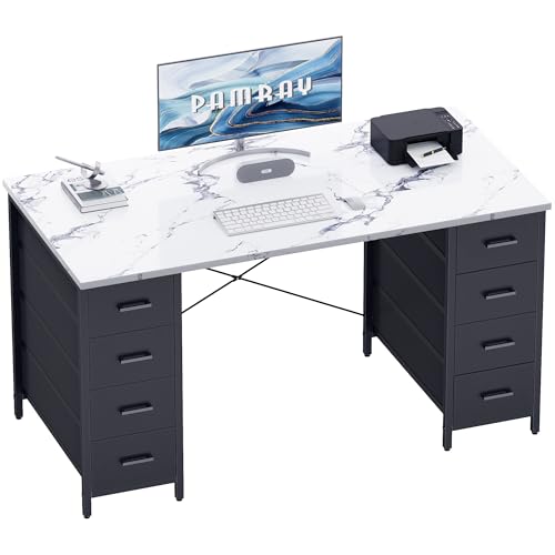 Pamray 47" Computer Desk with 8 Fabric Drawers, Marble Top