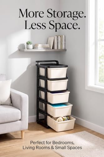 Image of Heavy Duty Plastic Storage Drawer with Wheels | Modular Cabinet for Bedroom, Office, Home or Classroom| Chest of Drawers Organiser for Cosmetics, Kitchen items, Toys (White & black, 5)