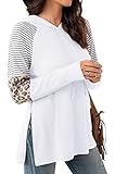 PrinStory Women's Fall Tunic Tops Casual V Neck Long Sleeve Drawstring Sweatshirt Color Block Hoodies Split With Side Zipper White US Large