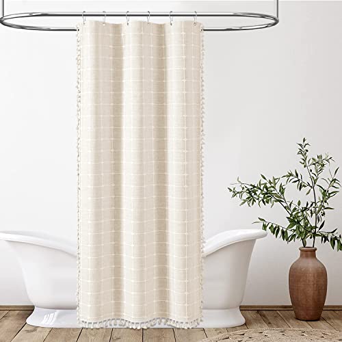 Image of BTTN Boho Shower Stall Curtain - 36x72 Narrow Linen Ultra Thick Tassel Fabric Shower Curtain Set with 6 Plastic Hooks, Half Camper RV Modern Farmhouse Country Shower Curtains for Bathroom, Cream /Beige