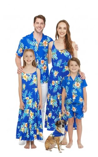 Image of Matchable Family Hawaiian Luau Men Women Girl Boy Clothes in Hibiscus Blue