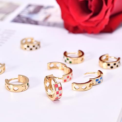18k Gold Filled Checkered Hoop Earrings,Enamel Small Hoops Earrings For Women Hypoallergenic Earrings4