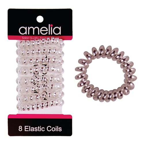 Amelia Beauty 1.5in Spiral Hair Ties | Small Shinny Elastic Hair Telephone Cord Coils | Perfect for Ponytail or Bun |Strong Hold & Gentle on Hair | 8 Pack | Silver