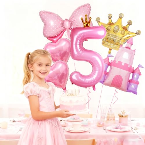 Princess Balloons for 5th Birthday Decorations Girl Castle Balloons Large Pink Crown Number 5 Balloon Pink Foil Balloon for Princess Birthday Party Decorations Supplies by Aikitub - Used condition - Image 7