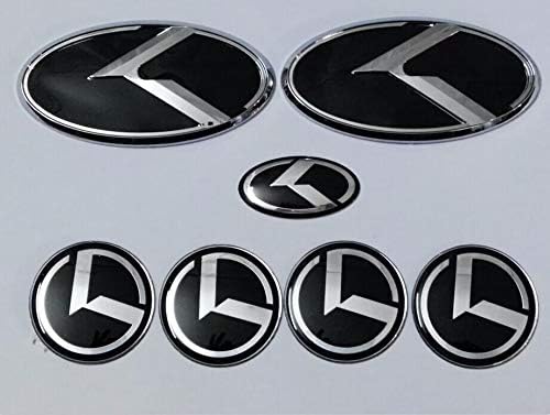 Xitek KA-S7B 7X New Silver Black K Front Hood Trunk Rear Wheel Hub Caps Steering Wheel Logo Badge Emblem Fit KI OPTIMA K5 2011-2018
