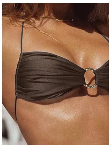 Image of SOLY HUX Bathing Suit for Women Halter Ring Linked Tie Side Bikini Sets Two Piece Swimsuit
