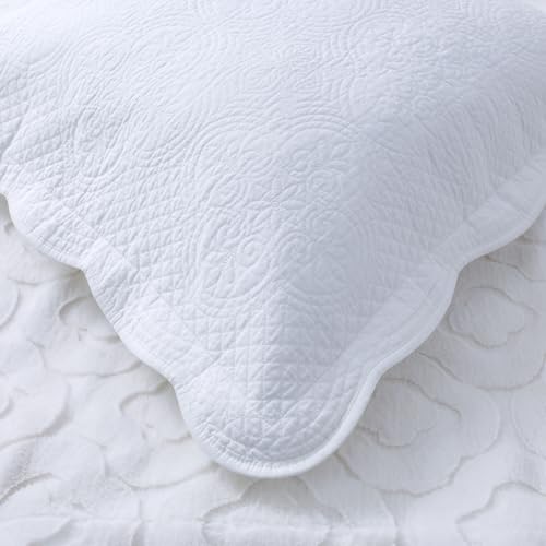 White Quilted Pillow Sham Standard Cotton Medallion Damask Set of 2 Embroidered Floral Pillowcases Scalloped Embossed Matelasse Victorian Vintage Textured Decorative 20×26