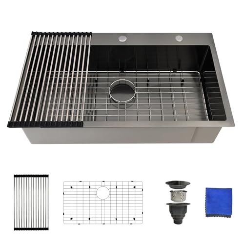 33 Inch Black Kitchen Sink Drop In – Delironexu 33x19 Drop In Kitchen Sink, 16 Gauge Black Stainless Steel sink Top Mount, Single Bowl kitchen Sinks with 4 Accessories