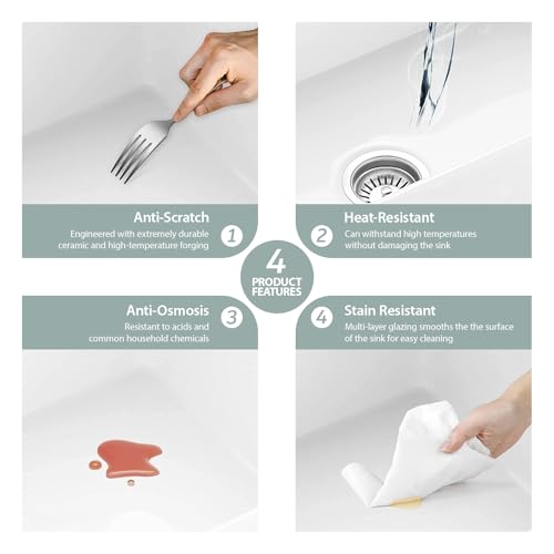 Kichae 30 Inch White Undermount Sink Fireclay 30x18 Inch Dual Drop in & Undermount Kitchen Sink Porcelain Ceramic Single Bowl Deep Basin - Thumbnail 6