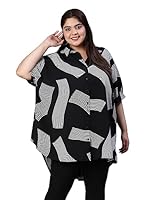 oxolloxo Women Plus Size Printed Button-Down Baggy Style Black Tunic