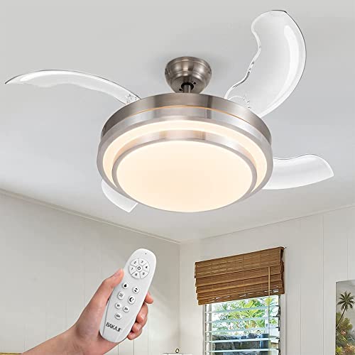 BAKAJI Ventilatore Lampadario da Soffitto 4 Pale retrattili con Lampada in Vetro Satinato 3 Velocità e Telecomando per Comando a Distanza Diametro 106 cm Colore Silver e Pale trasparenti