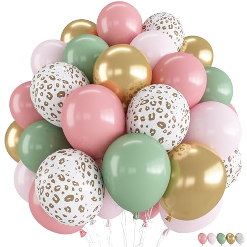 Image of Pink and Green Balloons, Jungle Safari Balloon 12 Inch Leopard Cheetah Print Sage Green Dusty Light Pink Metallic Gold Latex Balloons for Girls Boho Baby Shower Wild One Birthday Party Decorations
