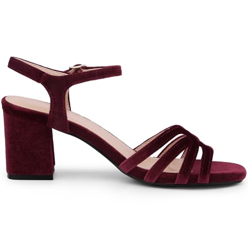 Allegra K Allegra K Women's Square Toe Slingback Velvet Chunky Heels Burgundy Sandals 7 m US