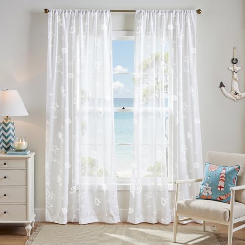 jinchan White Sheer Curtains for Living Room Bedroom Coastal Nursery Curtains 84 Inch Long Beach House Voile Transparent Seashell Seahorse Printed Window Treatments Set Rod Pocket 2 Panels