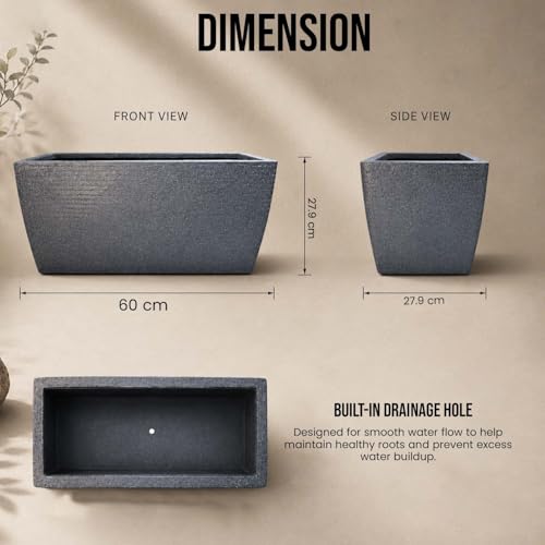 Image of Go Hooked Rectangular Leios Planter Pot 24x11 Inch | Grey Ribbed Design Plastic Flower Pot for Indoor Outdoor Garden Balcony Terrace Living Room | Decorative Long Plant Container with Drainage Hole