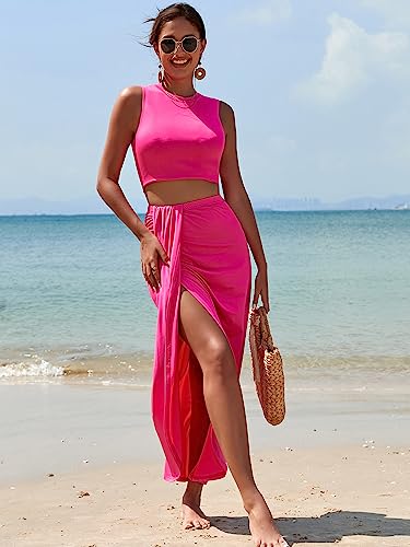 Image of ZAFUL Women's Casual Sleeveless Summer Two Piece Outfits Crop Top and Side Split Draped Ruched Maxi Skirt Set Solid Suiting