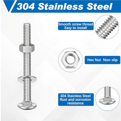 Image of Zonon 25 Sets 3 /8-16 x 3-1 /2 Stainless Steel Carriage Bolts and Nuts Kit Round Head Square Neck Carriage Bolts Screws and Hex Nuts and Flat Washers, Stainless 18-8 Full Thread Coverage (Silver)