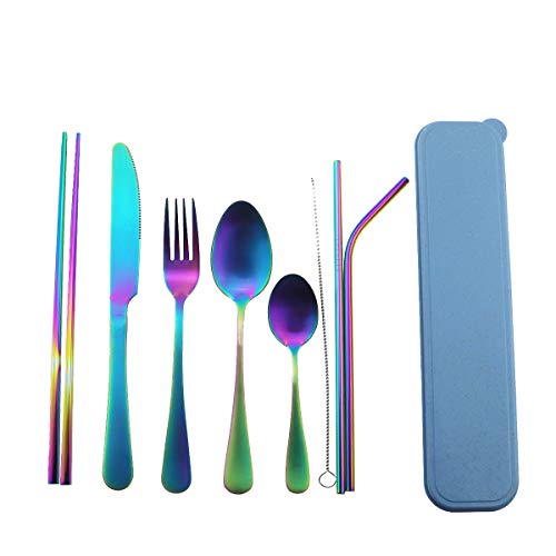 Rainbow Reusable Utensils with Case Camping Travel Silverware Set,Portable Stainless Steel Cutlery Set - Matte Flatware Set Knife Fork Spoon Mirror Straws Chopsticks - for Office Lunch, Hiking,School