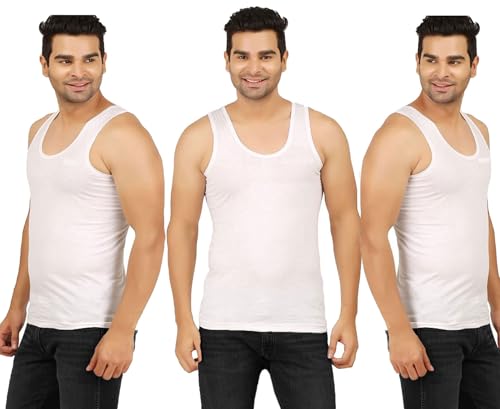 Compatible PRAKASAM Cotton Men's Combed Cotton Round Neck Sleeveless White Vest with Extended Length for Easy Tuck (Gold) Pack of 3
