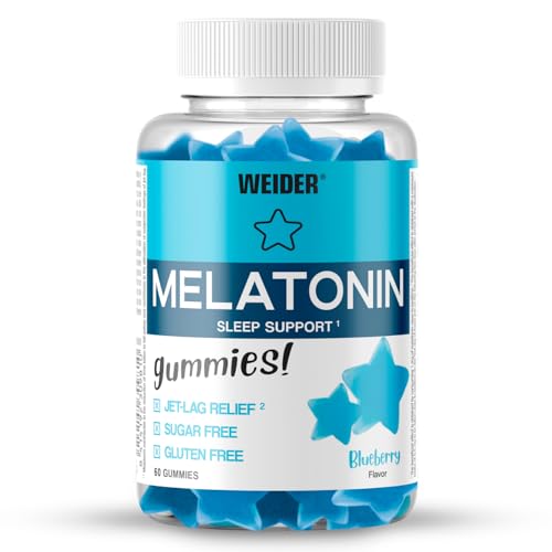 Weider Melatonin Gummies (60 Gominolas) Sabor Arándano. 1 mg de melatonina por gominola. Sin Azúcares y Sin Gluten. Ayuda contra el Jet-lag y para mejorar la calidad del sueño.