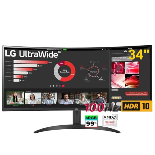 LG 34 Curved Gaming Monitor - 34' UltraWide WQHD (3440 x 1440) - 100Hz Refresh Rate - 5ms GTG - sRGB 99% - 3000: 1-21: 9 - AMD FreeSync - Flicker Safe - Black