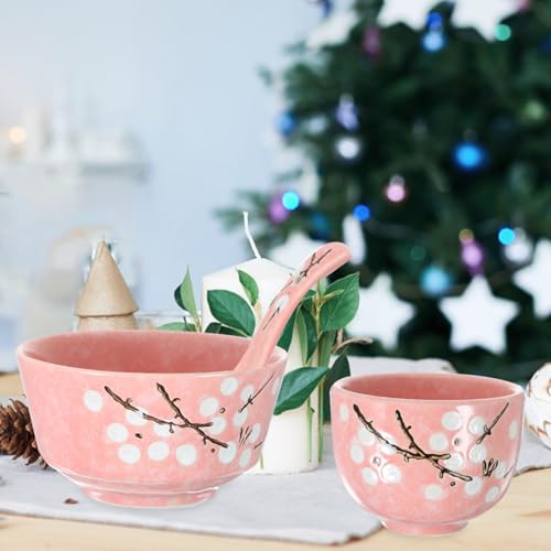 HEMOTON 6-Teiliges Japanisches Keramikgeschirrset Rosa Für Haushalt Mit Schüssel Teller Tasse Löffel Und Essstäbchen Praktisch Stapelbar Für Asiatische Küche Und Alltagsgebrauch