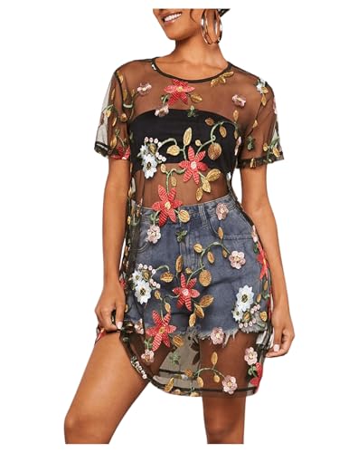GORGLITTER Women's Sheer Mesh Floral Embroidered Tops Y2K See Through Shorts Sleeve Crew Neck Tunics Tees Shirts