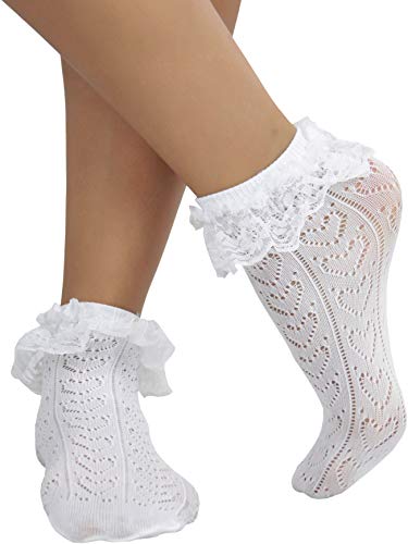 Image of ToBeInStyle Women's Indie Girl Ruffle Trim Heart Net Design Ankle High Fashion Socks