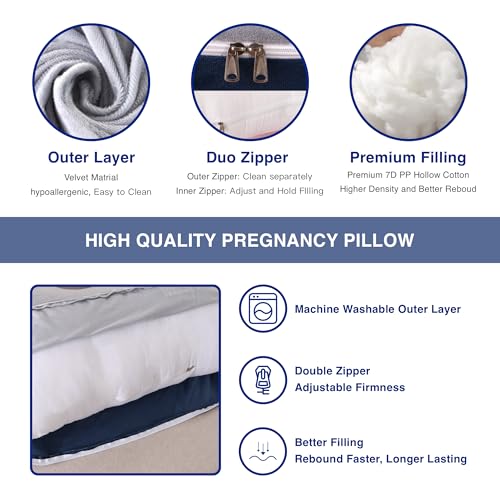 Image of ALLOPERA Pregnancy Pillow, Full Body Maternity Pillow 57 inch, with Removable Washable Cover - Sleep Support for Legs, Back, Neck, Shoulder, HIPS, Belly, Velvet Cover-Grey-Dark Blue