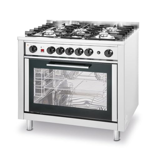 HENDI Fourneau à gaz professionnel avec 5 brûleurs (14,3 kW) et four électrique à convection + grill, allumage piézoélectrique, pour gaz naturel,...