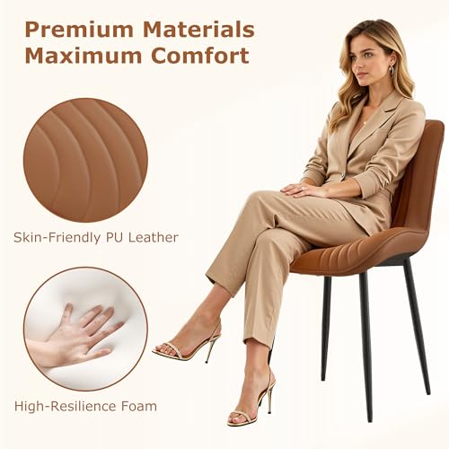 VECELO Dining Chairs Set of 6, Modern Upholstered Faux Leather Cushion Seat and Metal Legs for Kitchen, Living Room, Vintage Cognac Brown by VECELO - Used condition - Image 3