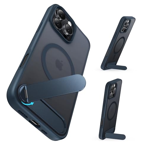 Coque iPhone 16 Pro premium bleu mat givré avec anneau magnétique rotatif fin