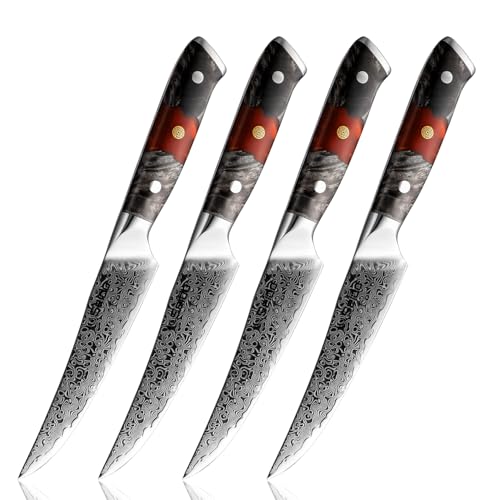 Inferuno 4-Piece Steak Knife Set – 67-Layer AUS-10 Damascus Steel – Red Epoxy Resin and Maple Wood Handles – Knife Japanese Inferuno, Japanese Inferuno Knife, Damascus Knife Set, Japanese Knife Set