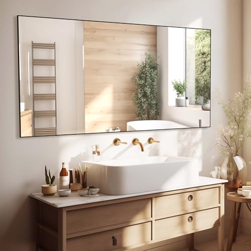 BEAUTME 60x30 Inch Large Bathroom Mirror, Black Wall Mirror, Modern Non-Rusting Metal Frame Bathroom Mirror, Suitable for Bathroom, Bedroom, Living Room, Hangs Horizontally or Vertically