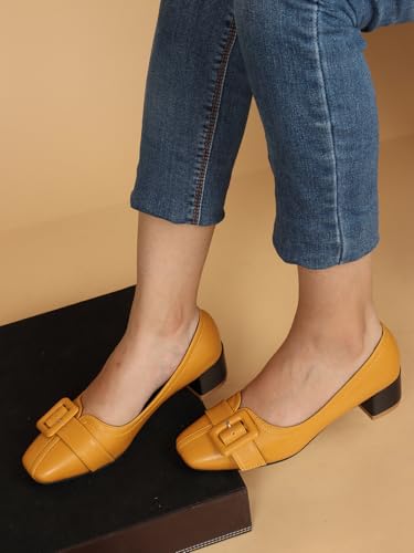 Image of ELLE Women's Square Toe Block Heels Slip-On Pumps with Buckle Detail