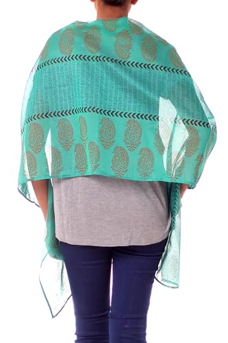 NOVICA Artisan Handmade Cotton Silk Shawl India Paisley Block Print Wrap Accessories Shawls Green Lucite Patterned ' Story in Turquoise'2