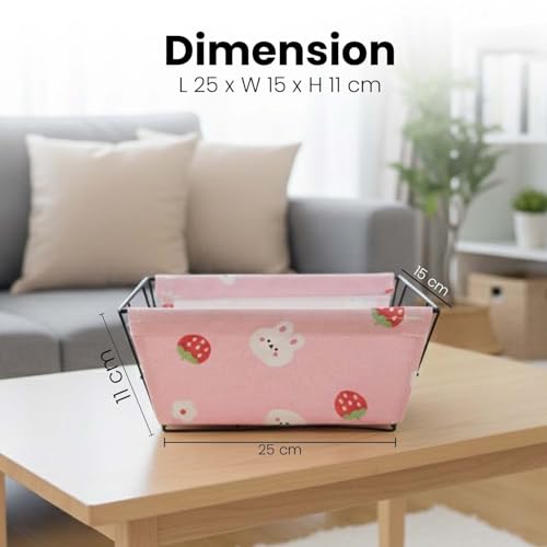 Image of Go Hooked Metal Storage Basket with Removable Fabric Liner | Cute Pink Bunny & Strawberry Print Multipurpose Organizer for Home, Office, Tabletop | Decorative Wire Basket for Toys, Fruits, Snacks