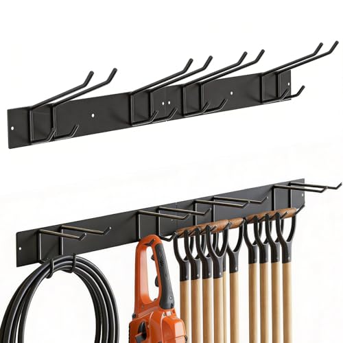 Hejo 2 Stück Gerätehalter Besenhalterung Wand, Gartengeräte Halterung, Schaufelhalter, Stabiler Metall Werkzeughalter Gartengerätehalter mit 150 kg Tragkraft für Garage Garten Keller (Schwarz)