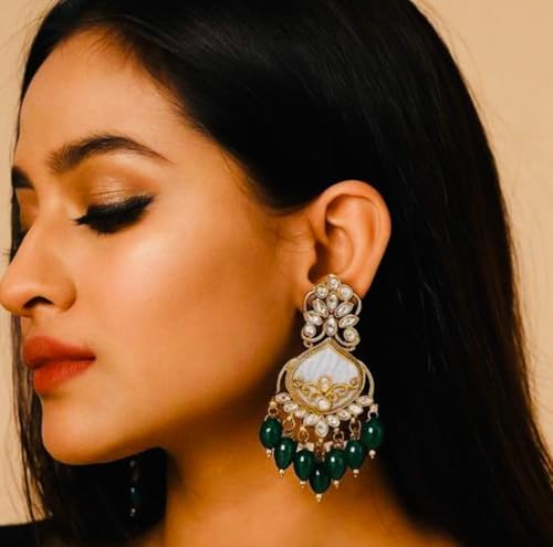 Image of Traditional 20K Gold Plated Kundan Chandbali Earrings with Black Beads and Faux Pearls for Women - Ethnic Wedding & Partyy Wear Statement Jewelry