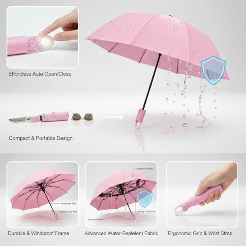 Image of Owme UV Umbrella for Women, Mini Folding Portable 3-Fold Umbrellas | Auto Open & Close for Rain and Sun Protection, Anti-Slip Handle | Windproof Umbrlla for Bedroom, Living Room,Entryway -
