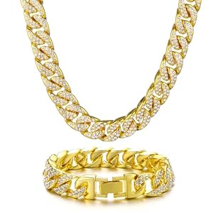 Saintda Cuban Link Chain and Bracelet Set for Men Women Iced Out Diamond Gift for Boys Hip Hop Rapper Jewelry