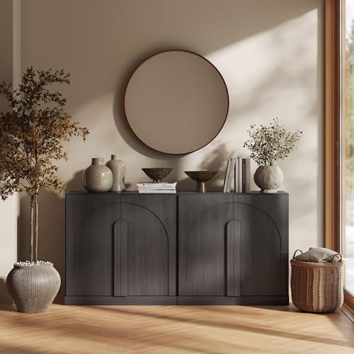 Image of BELLEZE Set of 2 Modern Sideboard Buffet Cabinets (63 inch Wide)-Large Sideboard Credenza with Arched Doors-Seamless Hidden Organization Console for Living Area-Ebony