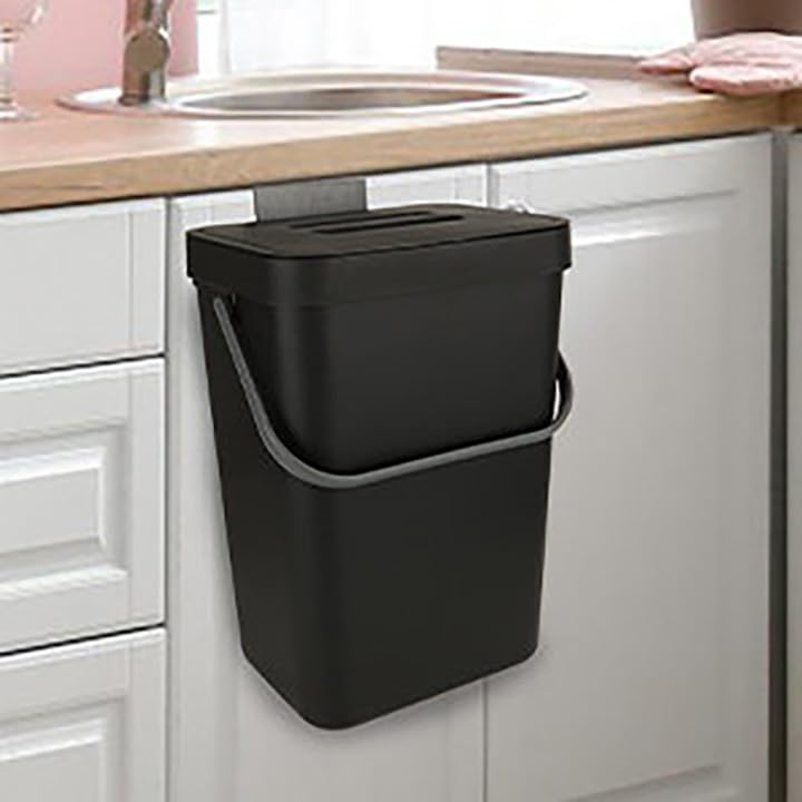 Image of 1Pcs Hanging Trash Can with Lid, 3.2 Gallon /12L Kitchen Hanging Garbage Can with Lid, Large Wall-Mounted Compost Bin Under Sink for Kitchen, Bathroom, Cabinet Door(Black)