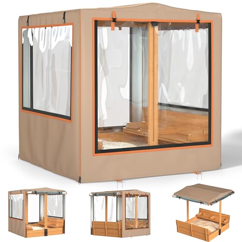 Sandbox Cover, 48” L x 48” W x 52” H,Rolls up on All Sides for use Without disassembly,Kids Wooden Sandbox with Canopy and Collapsible Bench.(Khaki)