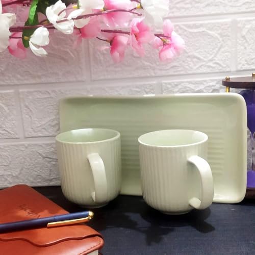 Image of Premium Ceramic Coffee Mug Set with Tray | Mugs 300 ml (Set of 2) with Matching Serving Tray | Modern Stoneware Cups | Ideal for Tea, Coffee & Gifting (Green)